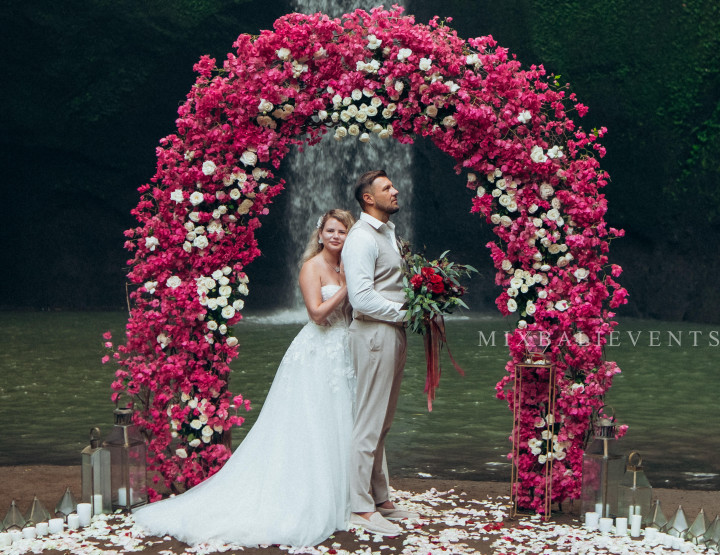 Marsala Wedding on the Waterfall in the Tropical Jungle of Bali