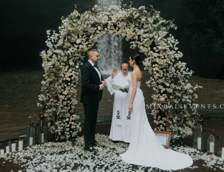Stylish White Bougainvillea Wedding on the Waterfall in the Tropical Jungle of Bali