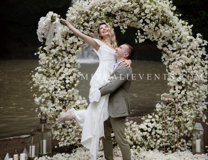 Stylish White Bougainvillea Wedding on the Waterfall in the Tropical Jungle of Bali