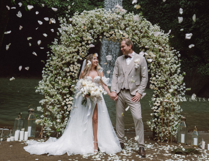 Stylish White Bougainvillea Wedding on the Waterfall in the Tropical Jungle of Bali