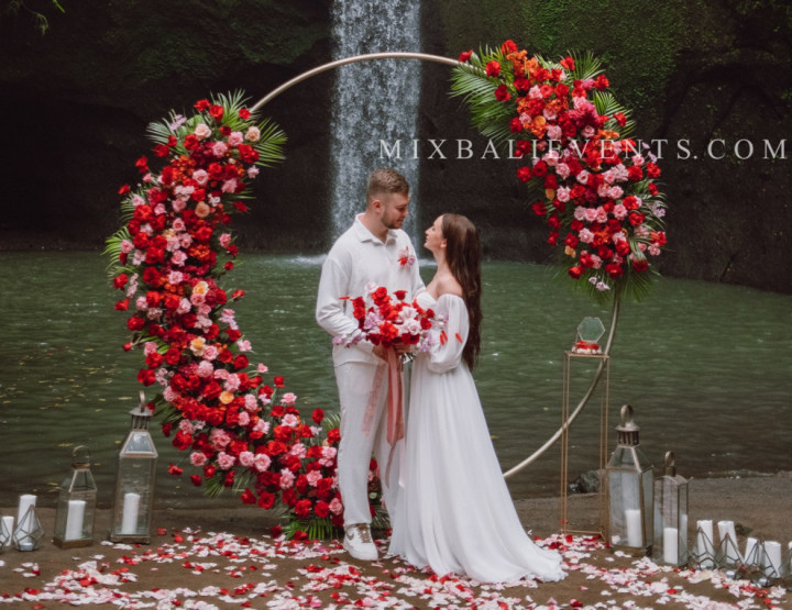Stylish Red Wedding on the Waterfall in the Tropical Jungle of Bali