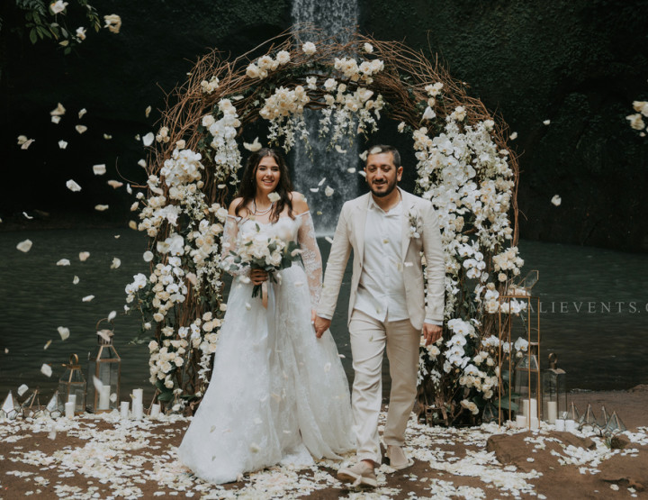 White Orchid Wedding on the Waterfall in the Tropical Jungle of Bali